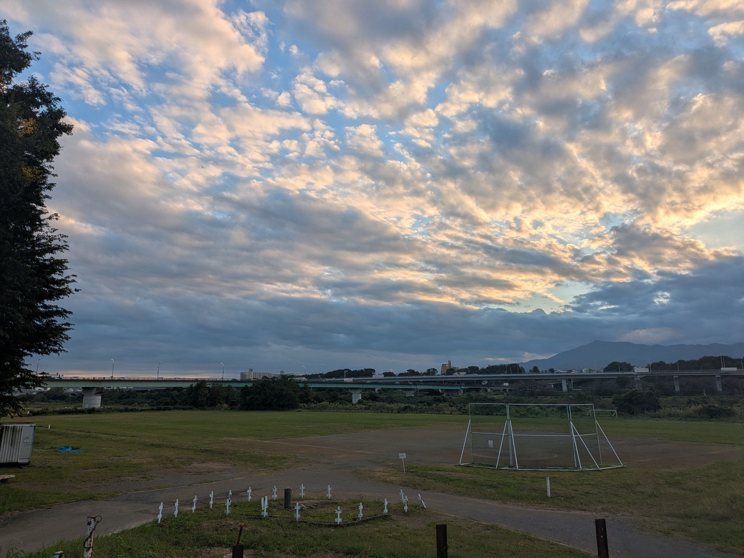 夕方の相模川グラウンド。手前に芝生とサッカーのゴールがあり、奥に相模川をわたる座架依橋と山並みが見える。空には夕日に照らされたうろこ状の雲が広がる。